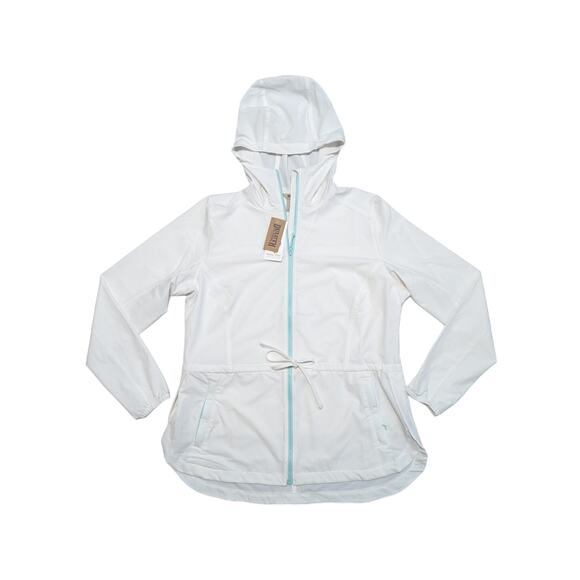 Duluth Trading Co Pier Genius Shirt Jacket White Teal Hooded Womens Large Coat - Picture 1 of 5